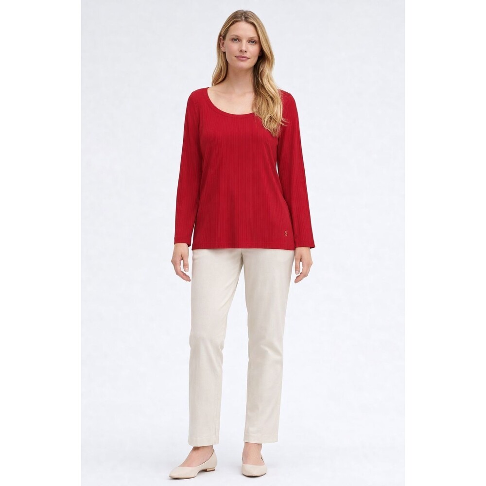 ST. JOHN Red Rib Knit Top Blouse Women XL Stretch Long Sleeve Designer PORTUGAL